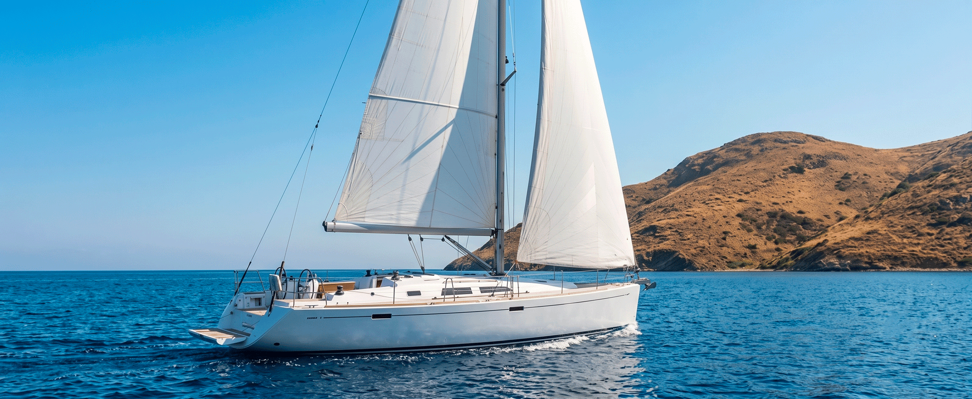 Velero navegando entre colinas costeras junto al mar